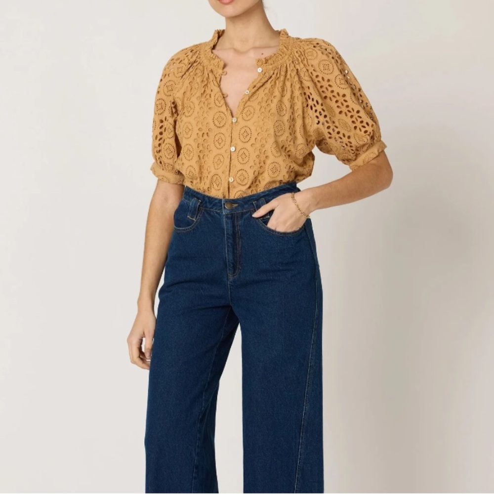 Cleobella Mustard Eyelet Buttoned Puff Sleeve Blouse
